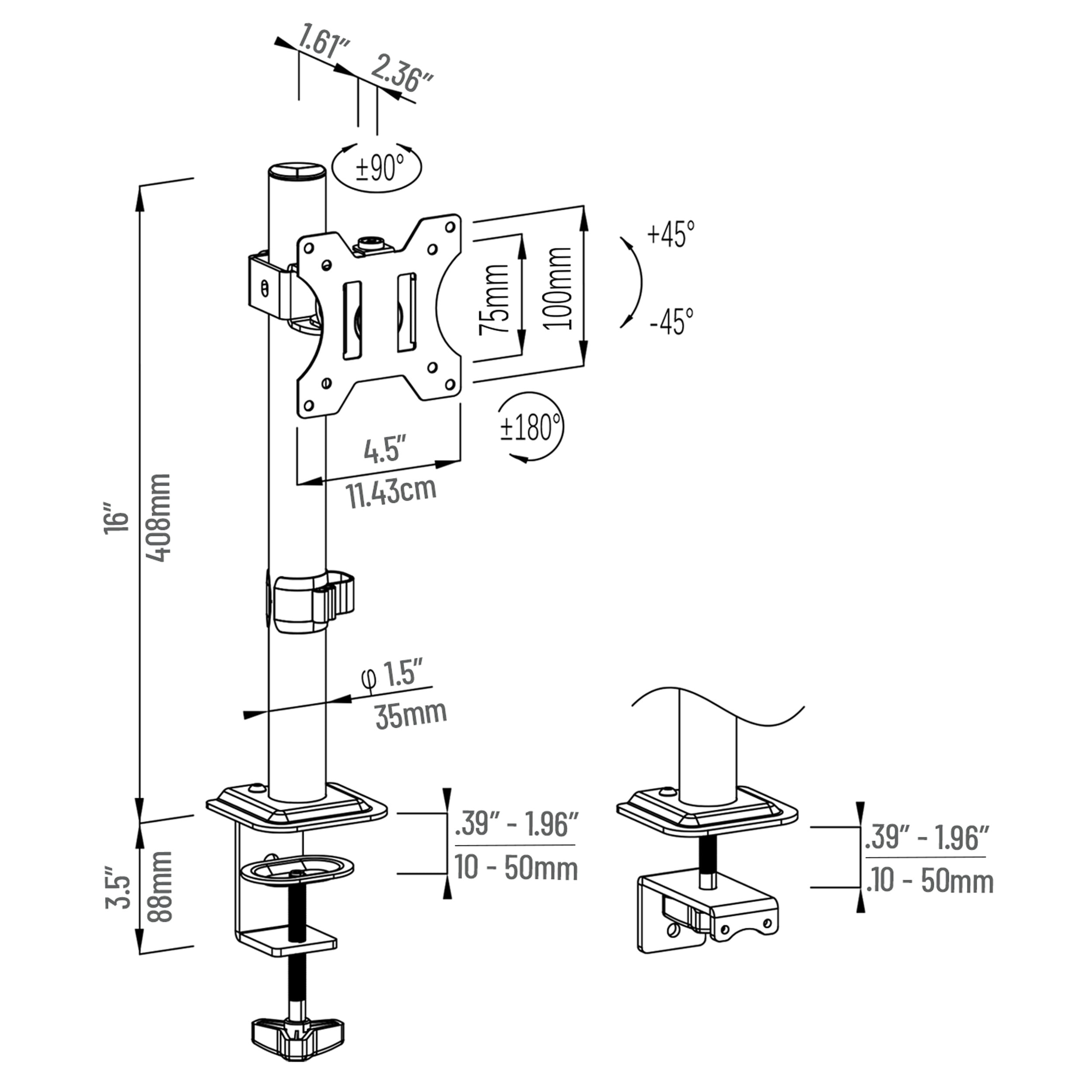 Mind Reader Single Monitor Desk Mount for 13"-32" Screens, VESA 75x75/100x100, 180° Rotation, ±90° Swivel, ±45° Tilt, 17.6 lb Load Capacity, Black