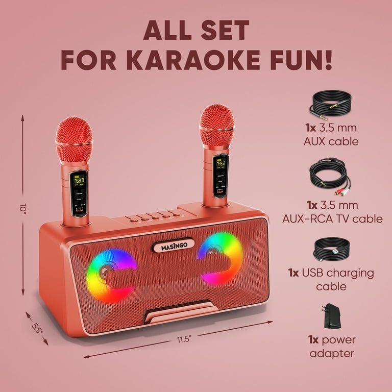 MASINGO Karaoke Machine for Adults & Kids, 2 Wireless Mics ...