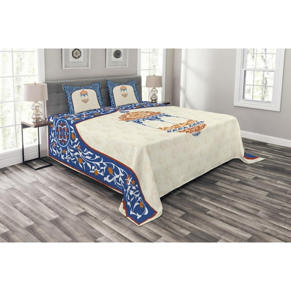 Ambesonne Ethnic Quilted Bedspread Set 3 Pcs, Folkloric Art Style Oriental, King Size, Orange White and Blue