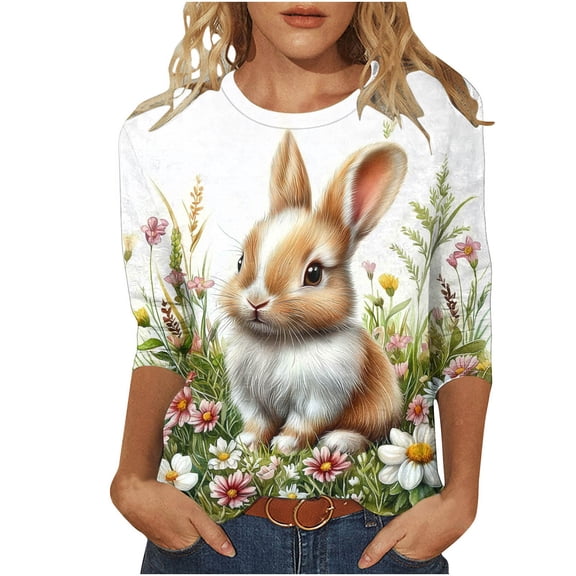 Blouses for Women Dressy Casual 3/4 Sleeve,Easter Shirts for Women 2026 Funny Cute Bunny Egg Printed Tees Casual 3/4 Sleeve Tops Happy Easter T-Shirt Outfits