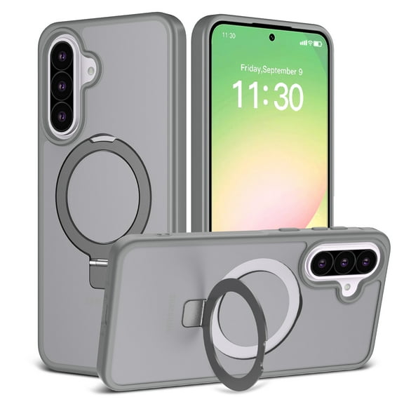 Magnetic for Samsung Galaxy A36 5G Case, Shock-Absorbent Anti-Fingerprint Matte Protective Back Cover with Ring Kickstand, Anti-Scratch PC TPU Non-Slip Slim Wireless Charging Case, Gray