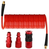 Polyurethane Recoil Air Hose 1/4" x 25 ft with Bend Restrictors Compressor Hose with 1/4" Industrial Quick Coupler and I/M Plug Kit, Red