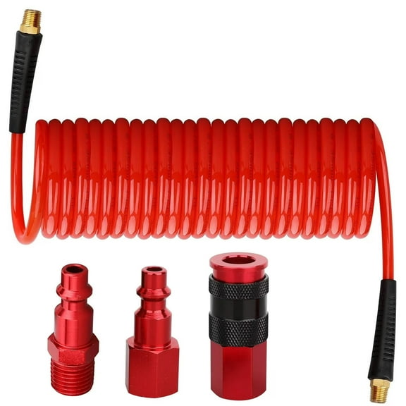 Polyurethane Recoil Air Hose 1/4" x 25 ft with Bend Restrictors Compressor Hose with 1/4" Industrial Quick Coupler and I/M Plug Kit, Red