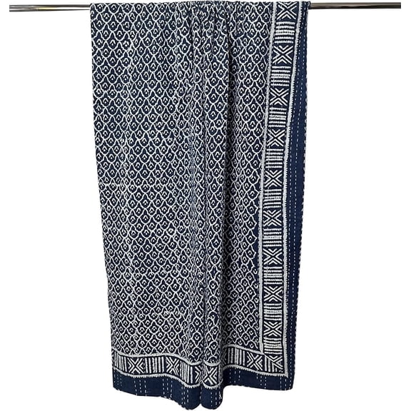 Indigo Blue Cotton Kantha Quilt Handmade Indian Bedspread Hand Block Print Natural Color Indigo Print Indigo Bed Cover Hand Throw