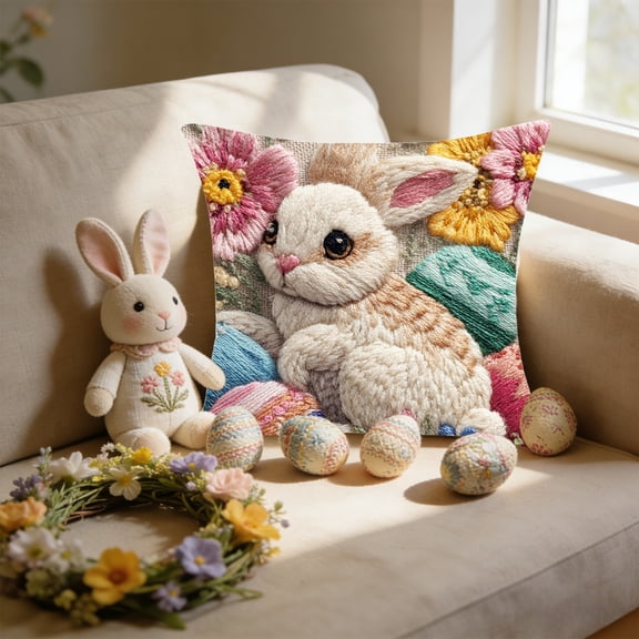 Uutvery Easter Bunny Egg Pillow Cover, Faux Embroidery Printed Cushion Cover, Multicolor Holiday Decor Sofa Chair Bed, 17.72x17.72 Inches