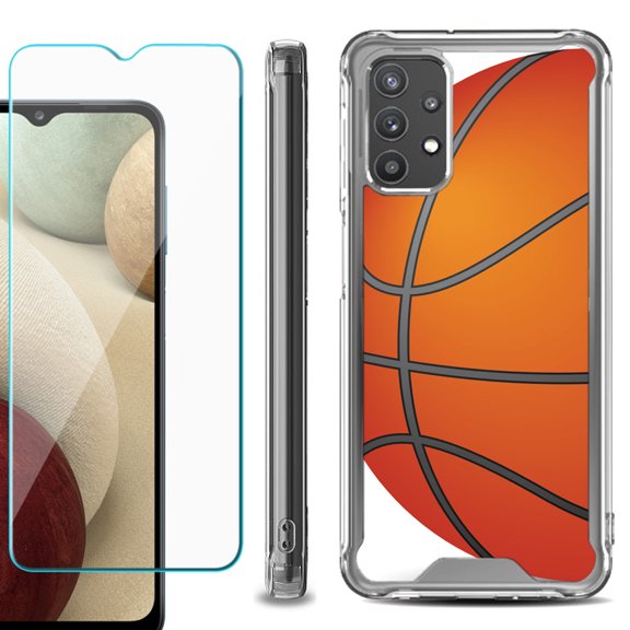 Shockproof Bumper Phone Case for Samsung Galaxy A32 5G, with Tempered Glass Screen Protector, by OneToughShield ® - Basketball