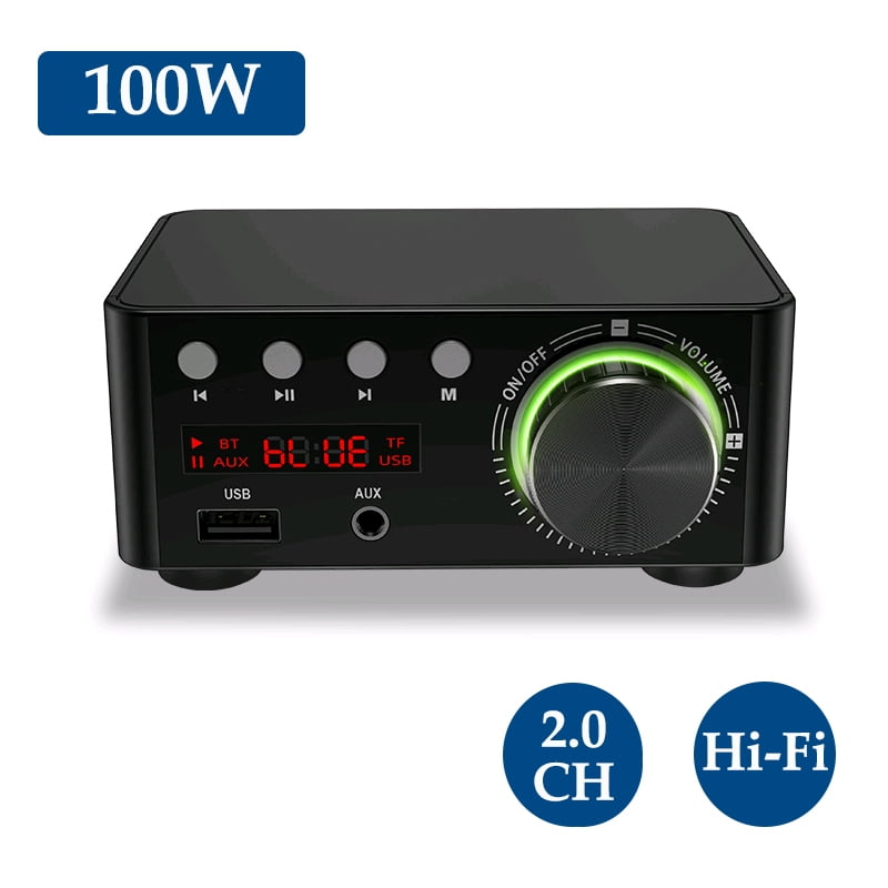 Plastic 100W Class D Hi-Fi Stereo Audio Mini Amps Wireless Receiver Home Theater Treble Bass Control 58bh Bluetooth 5.0 Power Amplifier 110x90x50mm Support 12M Data Transfer