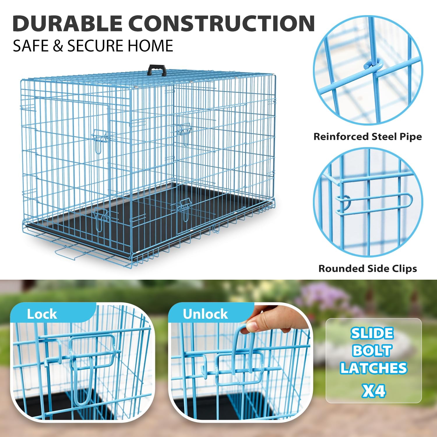 XF XINFENG 36 inch Dog Cage for Medium Breeds Folding Metal Wire Dog Crate with Double Door,Leakproof Tray for Indoor Outdoor ,Blue