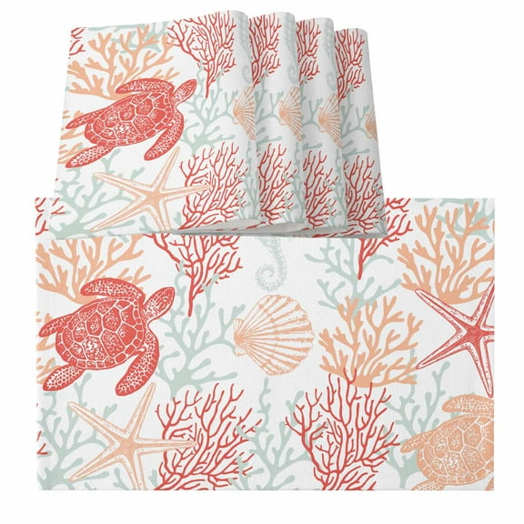 Red Orange Coastal Placemats for Dinning Table Set of 6,Sea Turtle Nautical Coral Summer Beach Burlap Kitchen Place Mats Waterproof Cloth Table Mats,Indoor Outdoor Placemats Easy Clean Dinner Decor