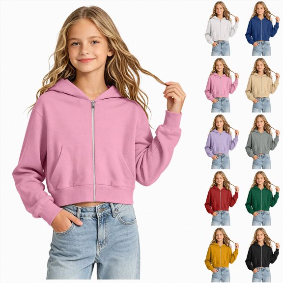 felwors Girls Cropped Zip Up Hoodie Long Sleeve Sweatshirts for Teen Girls Fashion Fall Fashion Casual Jackets with Pockets (Pink,11-12 Years)