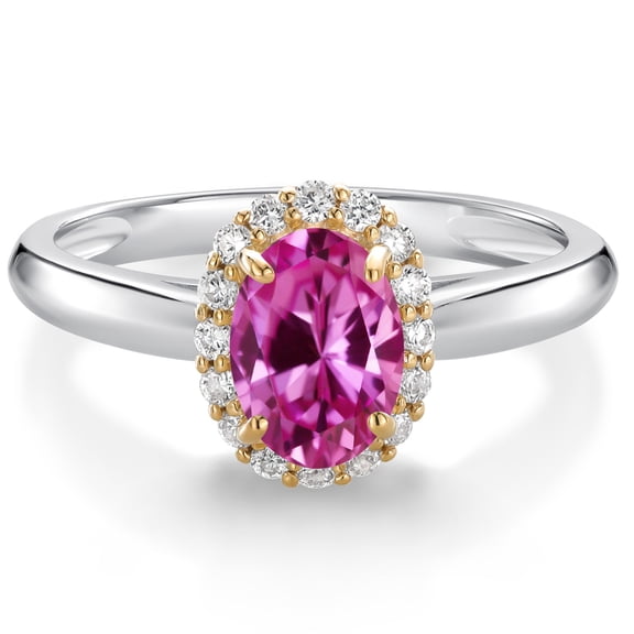 Gem Stone King 925 Sterling Silver and 10k Yellow Gold Pink Created Sapphire and White Lab Grown Diamond Halo Engagement Ring for Women (1.03 Cttw, Gemstone September Birthstone, Oval 7X5MM, Size 8)