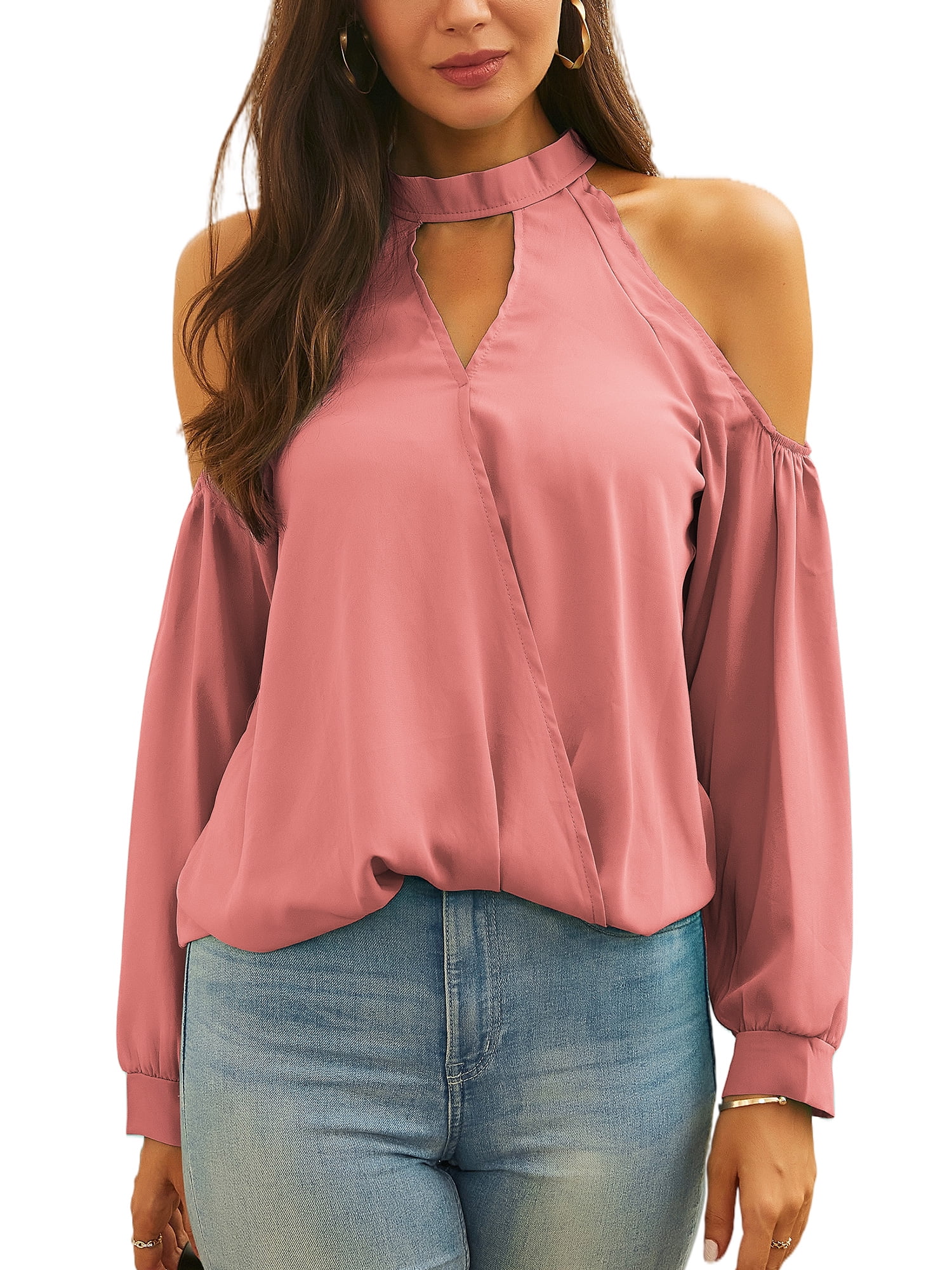 Long Sleeve Hollow Out Shirt for Women Sexy Cold Shoulder Tops Solid Color Choker Neck - Walmart.com
