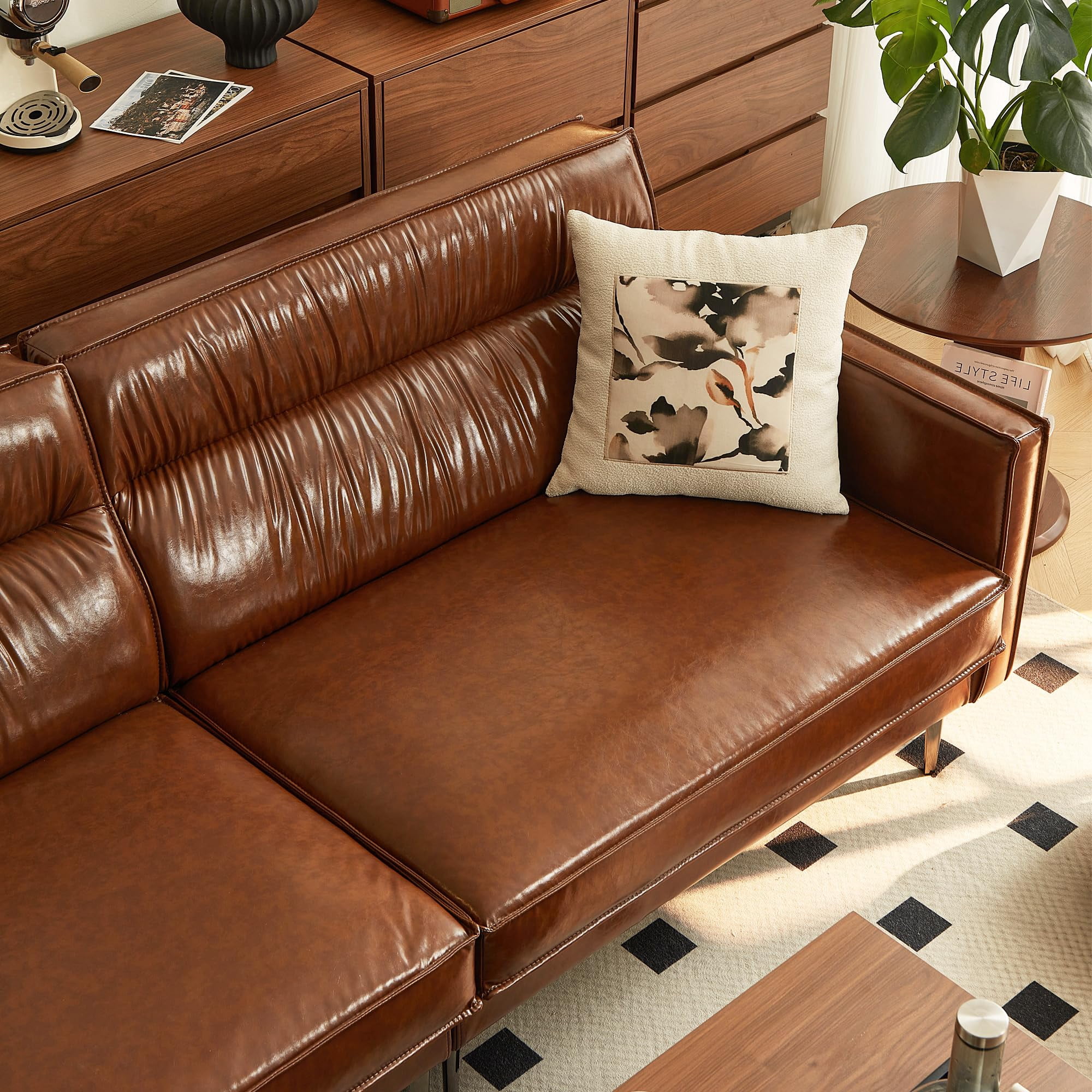 NessCarsti Furniture Modern Living 3-Seater Leather Sofa with Removable Cushions, Brown