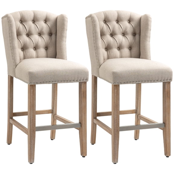 Farmhouse Bar Stools Set of 2, Beige Counter Height 26.75" Seat, Upholstered Kitchen Stools with Back & Nailhead Trim, Solid Rubber Wood Legs, 264lbs Capacity