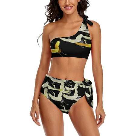 GOLD YELLOW WHITE FLYING CRANES IN BLACK Japanese Pattern One Shoulder Bowknot Swimsuit Two Piece Swimsuit Knot Crop Top Bikini High Waisted Bathing Suit