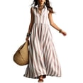 thumbnail image 4 of ClodeEU Women's V Neck Half Button Striped Sleeveless Maxi Dress with Pockets,Casual Loose A-Line Summer Swing Dress Pink,Women's Plus M, 4 of 5