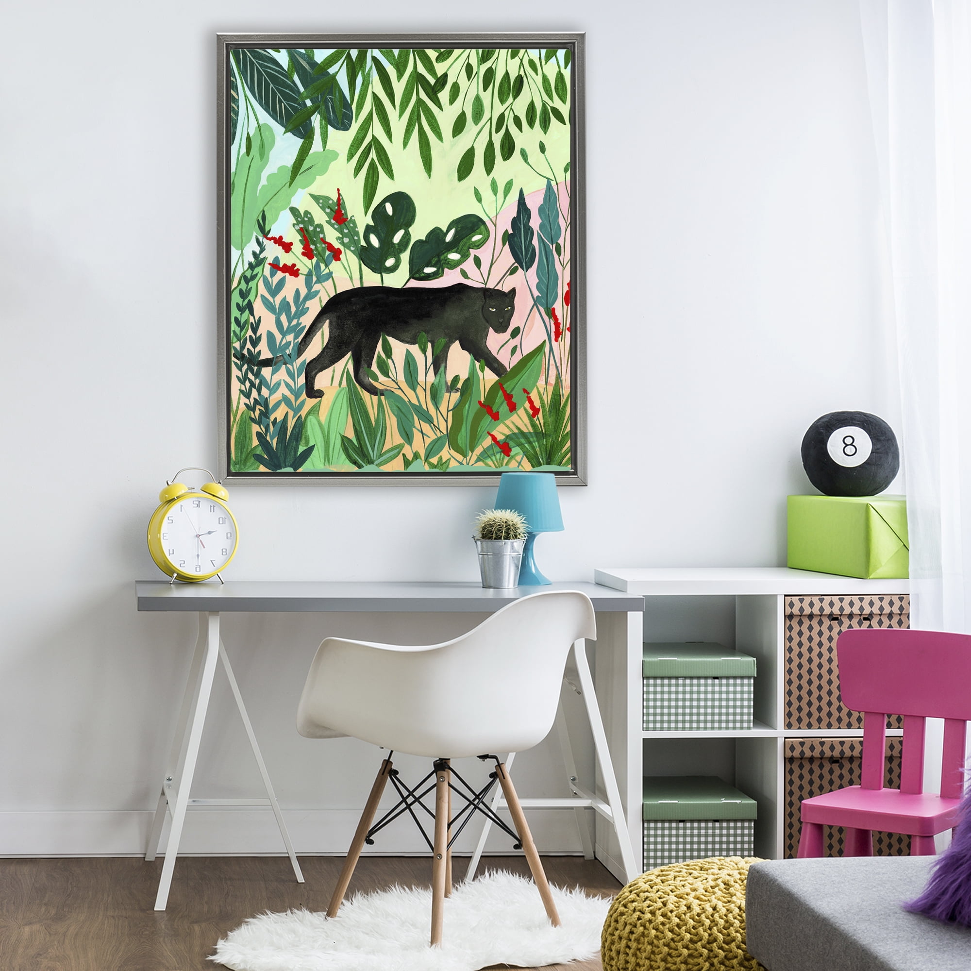 Stoic Panther Tropical Forest Gray Framed Floater Canvas Wall Art, design by Nabeela Rumi