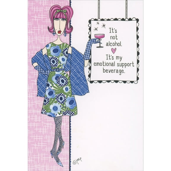 Pictura My Emotional Support Beverage: Pink Haired Woman Holding Wine Glass Funny Birthday Card for Women