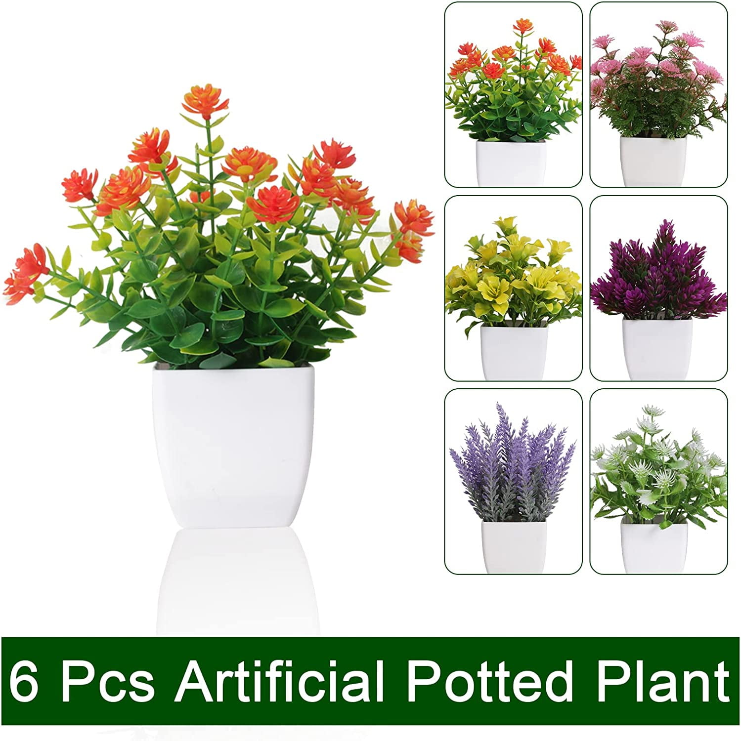 Artificial Small Plant 6pcs Fake Flower Potted Plant Bathroom for Indoor Decor Window Tabletop Office Colorful