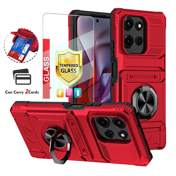 Kryonix for Motorola Moto G 5G 2026 6.7'' Case with Card Holder [Store 2 Cards]   360° Magnetic Rotated Ring Kickstand,Heavy Duty Drop Protection Wallet Phone Cover with Screen Protecto,Red