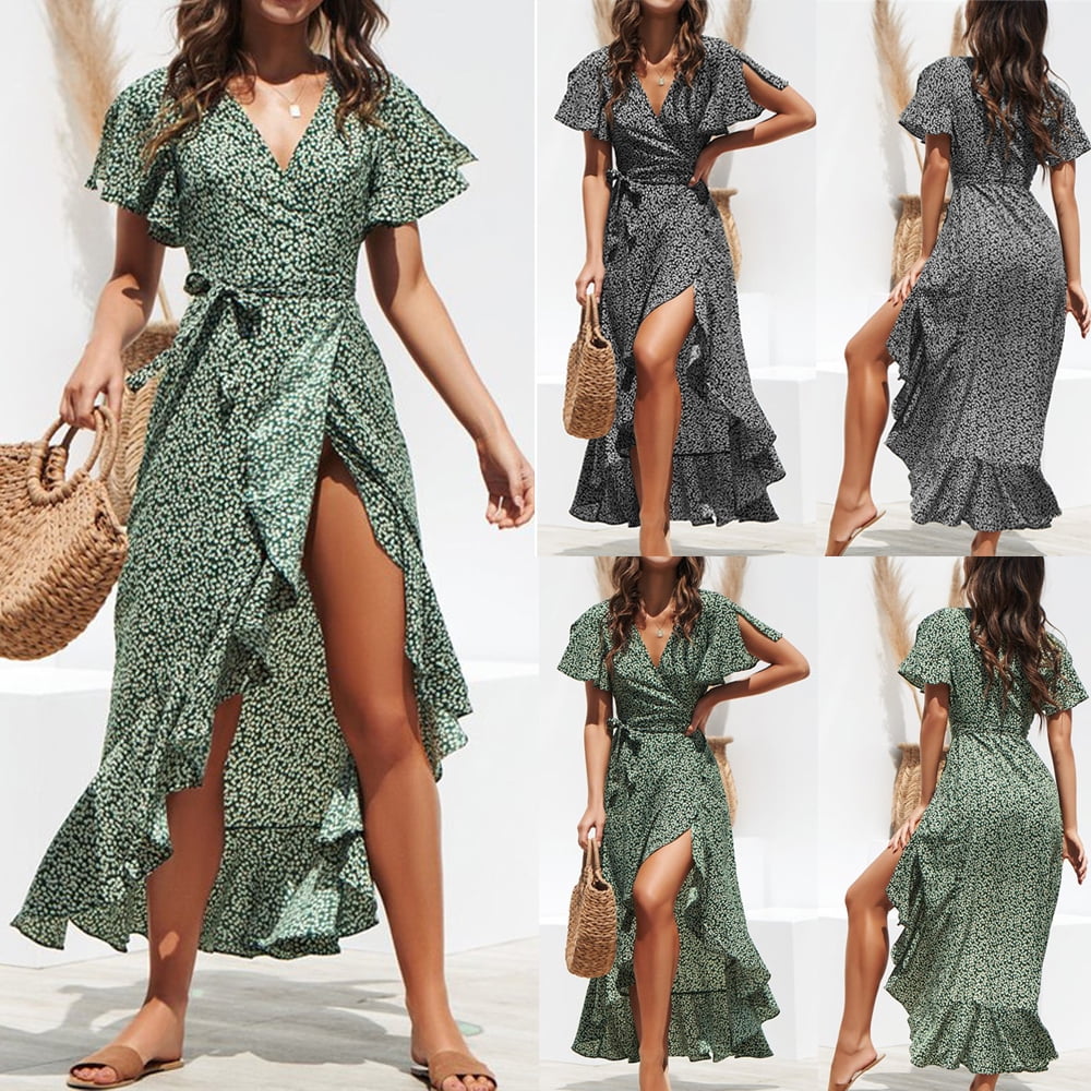 FOCUSNORM Women Long Boho Dress Floral Summer Beach Cocktail Evening Party Maxi Sundress