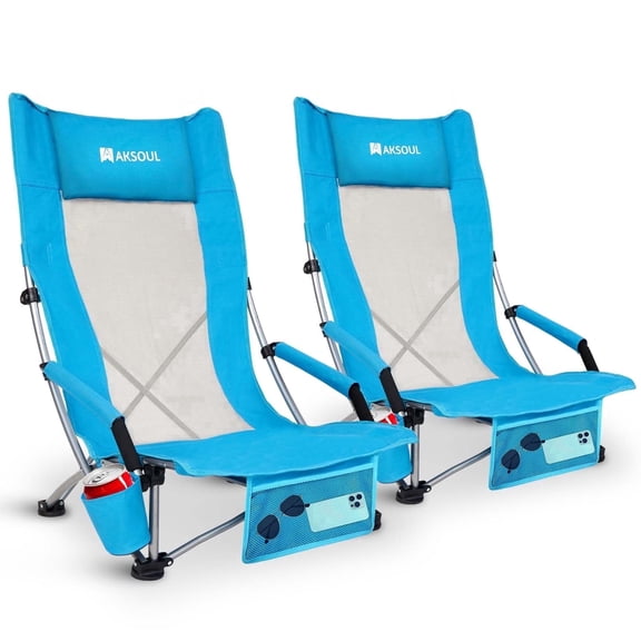 RUNACC High Back Folding Camping Chair: 2 Pack Packable Lightweight Beach Chairs Comfortable High Low Profile Sand Chair Set with Cup Holder for Adult Outdoor Concerts Lawn Camp Picnic