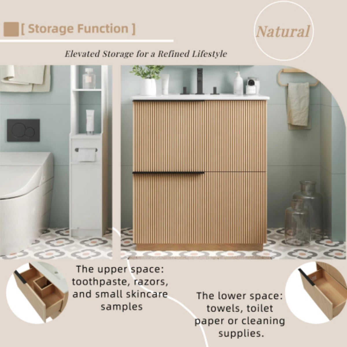 30" Bathroom Vanity with Ceramic Sink, Freestanding Bathroom Cabinet with Full Extension Drawers, Soft Close Slides, Fluted Design, Natural