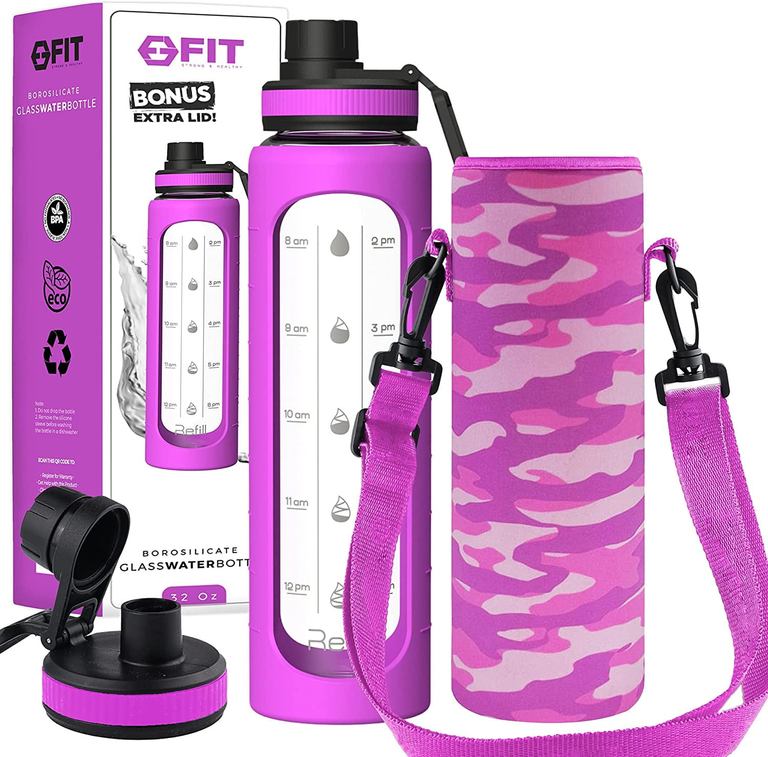 32 oz Glass Water Bottle with Time Marker Reminder and Carrier