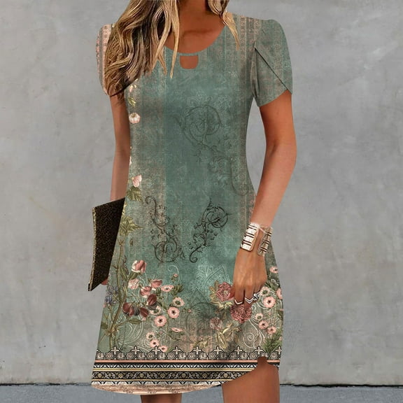 Xixinqiwan Summer Dresses for Women,Women's Summer A-Line Dress Short Sleeve Mini T Shirt Dress Casual Flowy Beach Sundresses