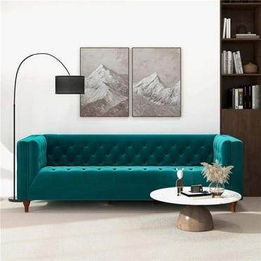 Ashcroft Furniture Evelyn Mid Century Modern Teal Velvet Luxury Chesterfield Sofa