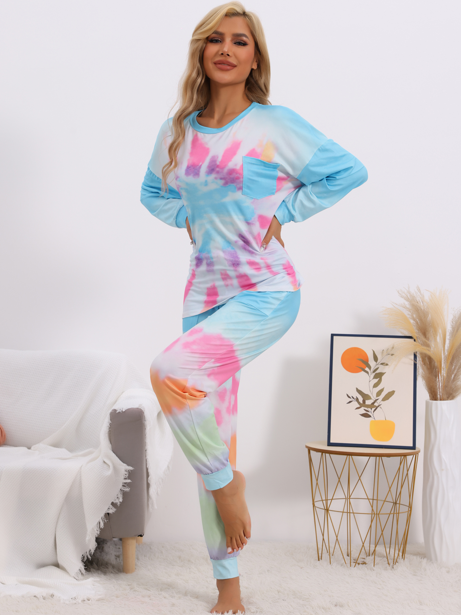 DARING DIVA Women's Tie Dye Long Sleeve Front Pocket Pajamas Set XL Blue
