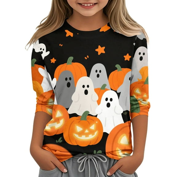 Abcomgle Girls Halloween Shirts 5t Spooky Ghost Pumpkin Graphic T Shirts for Girls Crewneck 3/4 Sleeve T-Shirts for Girls Fall Funny Holiday Top for Girls,11-12 Years