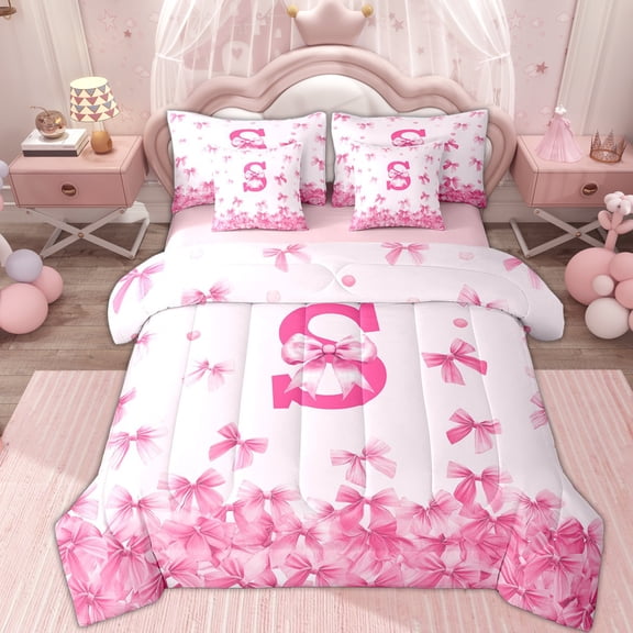 Erosebridal Princess Letter S Twin Bedding Sets 7-Piece, Cute Ribbon Bedding Comforter Set, Pink Reversible