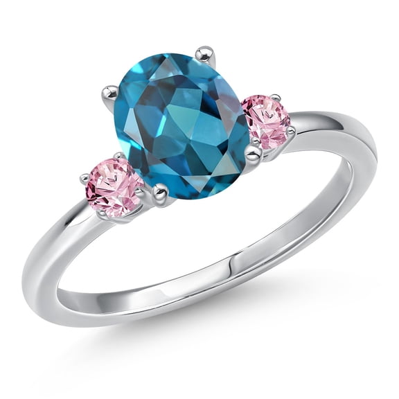 Gem Stone King 14K White Gold London Blue Topaz and Pink Lab Grown Diamond Engagement Ring for Women | 2.51 Cttw | Oval 9X7MM | Gemstone November Birthstone | Size 8