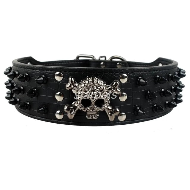 2" Wide Spiked Studded Leather Dog Collar Bullet Rivets With Cool Skull Pet Accessories For Meduim Large Dogs Pitbull Boxer S-XL ShopWise Round