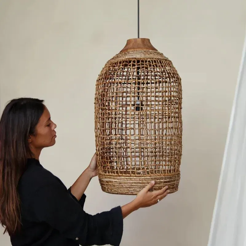 LittleGlovo Oversize Wabi-sabi Kitchen Island Light Large Rattan Pendant Light Fixtures