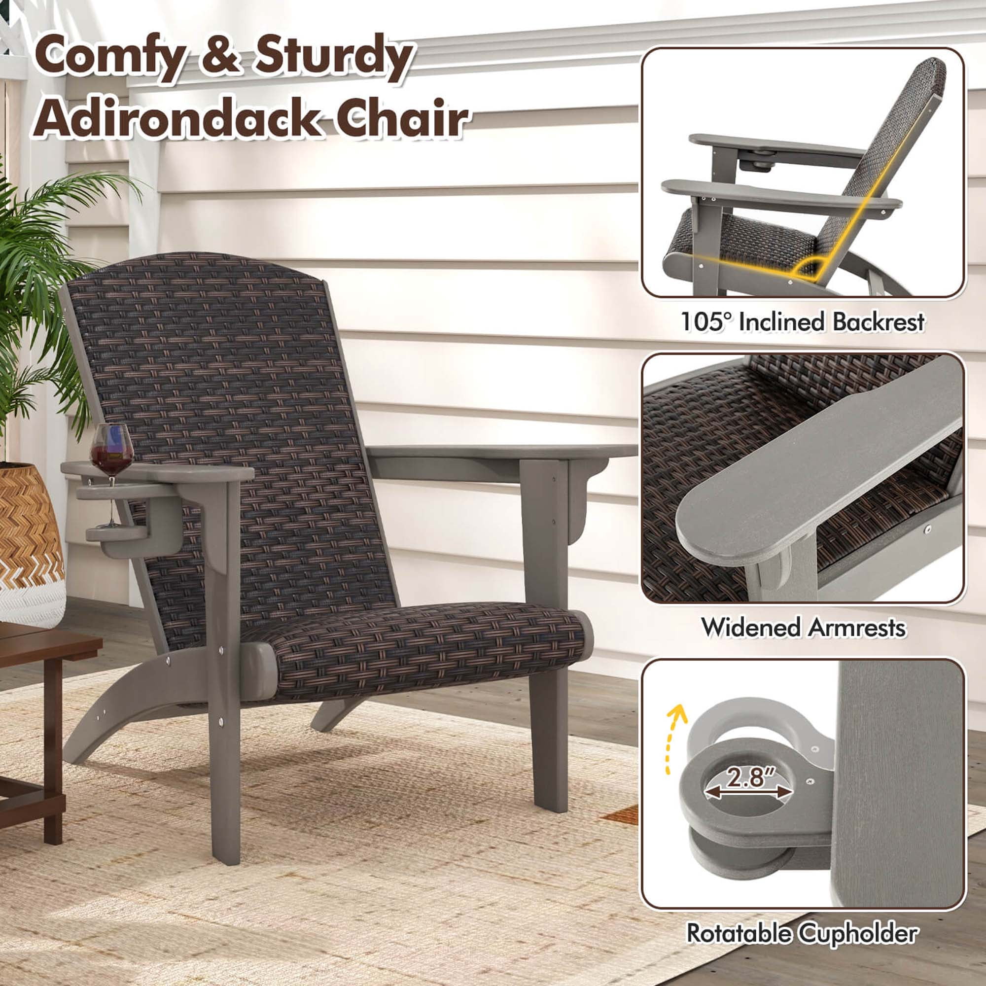 Costway Patio Adirondack Chair with Rattan Padded Seat Wide Armrests & Hidden Cupholder Gray