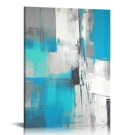 JRXY Abstract Wall Art for Living Room Wall Decor Blue Teal Modern Paintings Canvas Prints Framed Living Room Ready To Hang for Bathroom Bedroom Kitchen Office Boho Grey White Teal Artwork 12x16 in