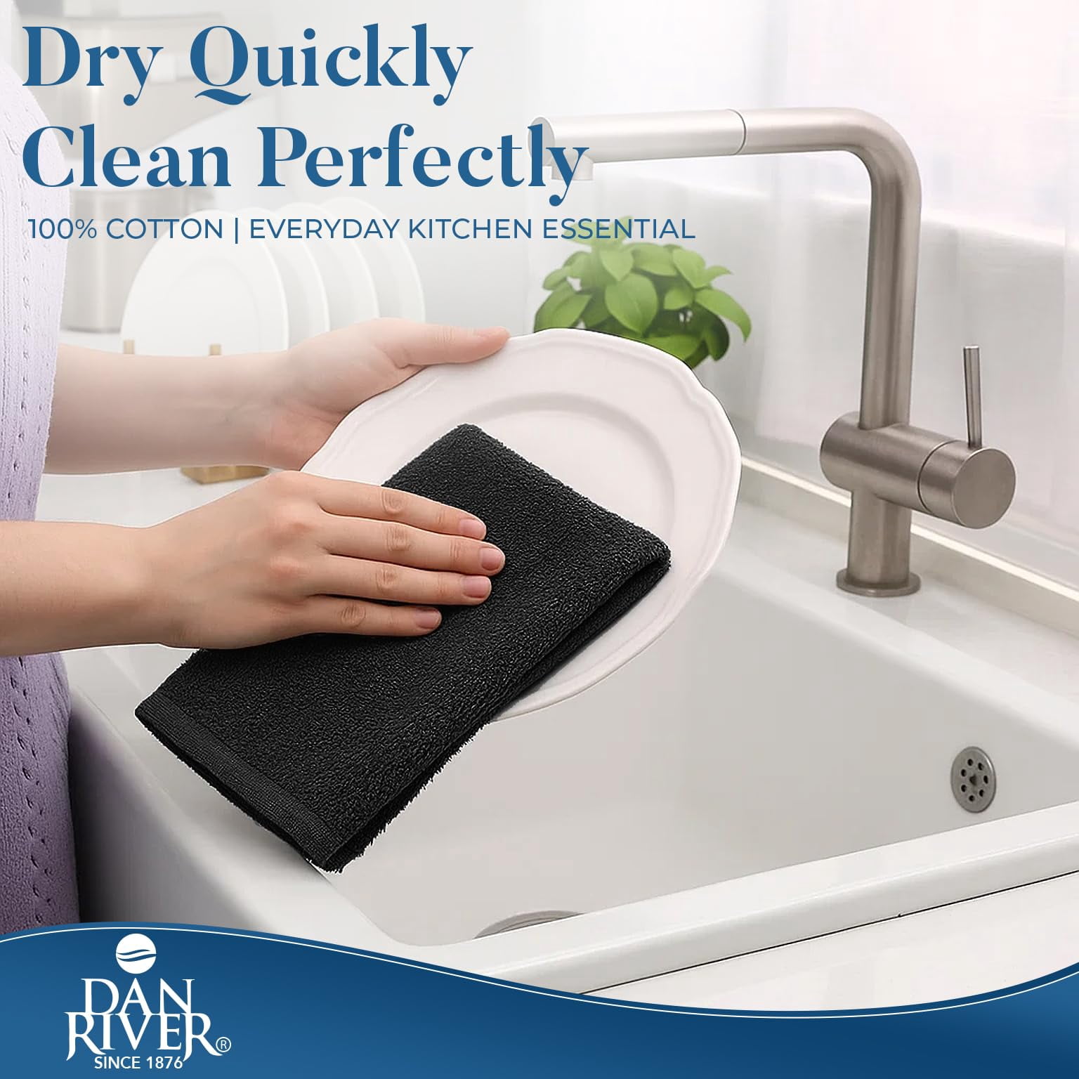 Dan River Bar Mop Cotton Kitchen Towel pack of 12 Super Absorbent And Reusable Cleaning Cloth - Black, 16x19in