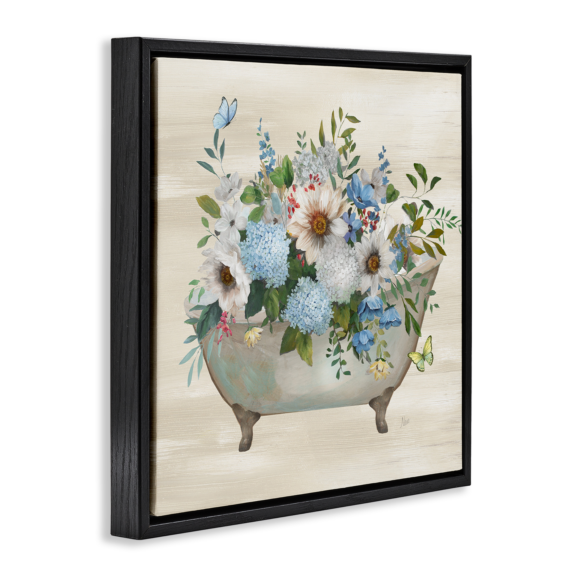 Stupell Industries Floral Bouquet Bathtub Typography Painting Black Floater Framed Canvas Art Print Wall Art, 25 x 25
