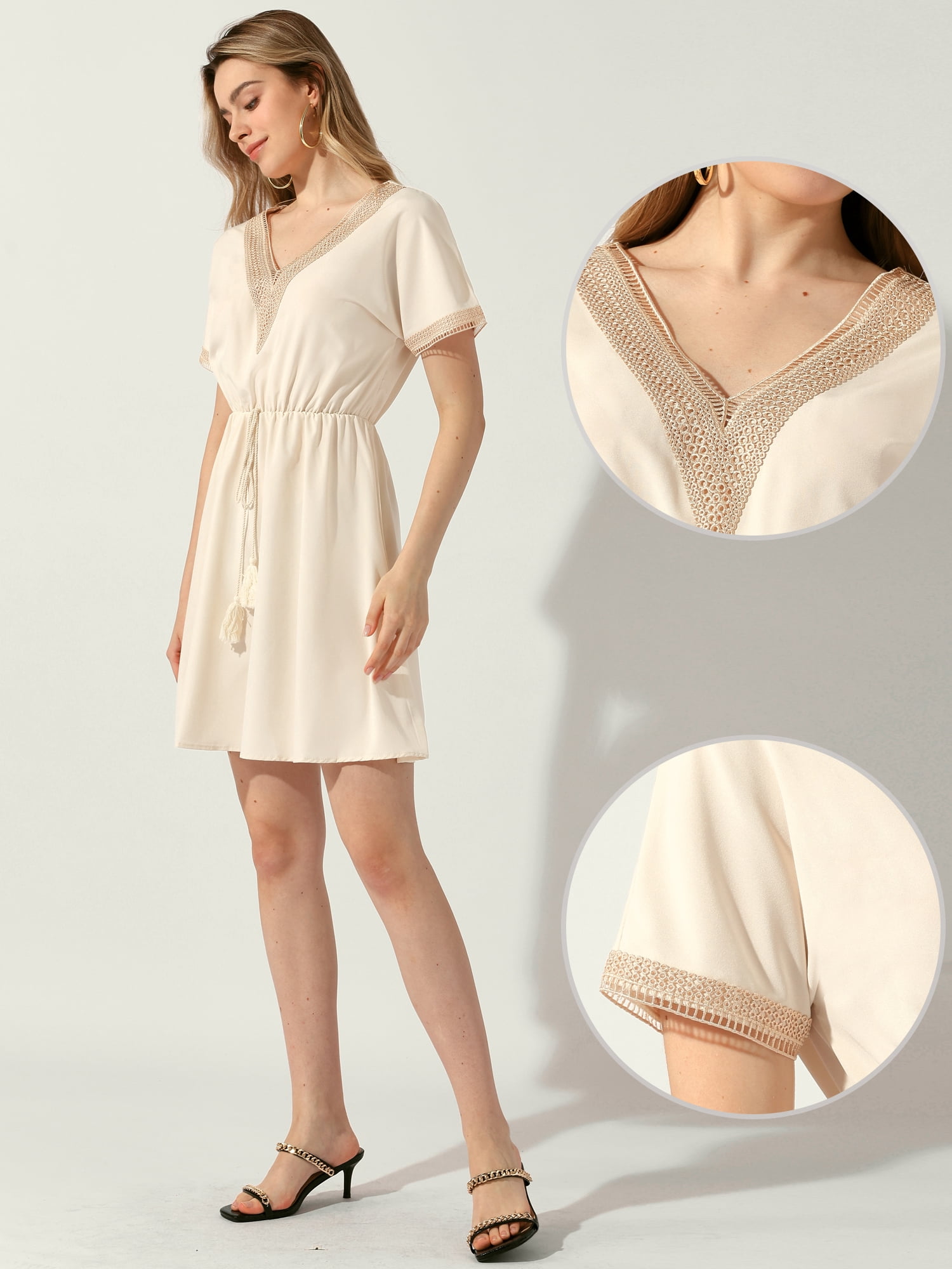DARING DIVAr Boho Crochet Trim V Neck Tassel Casual Dress S Beige