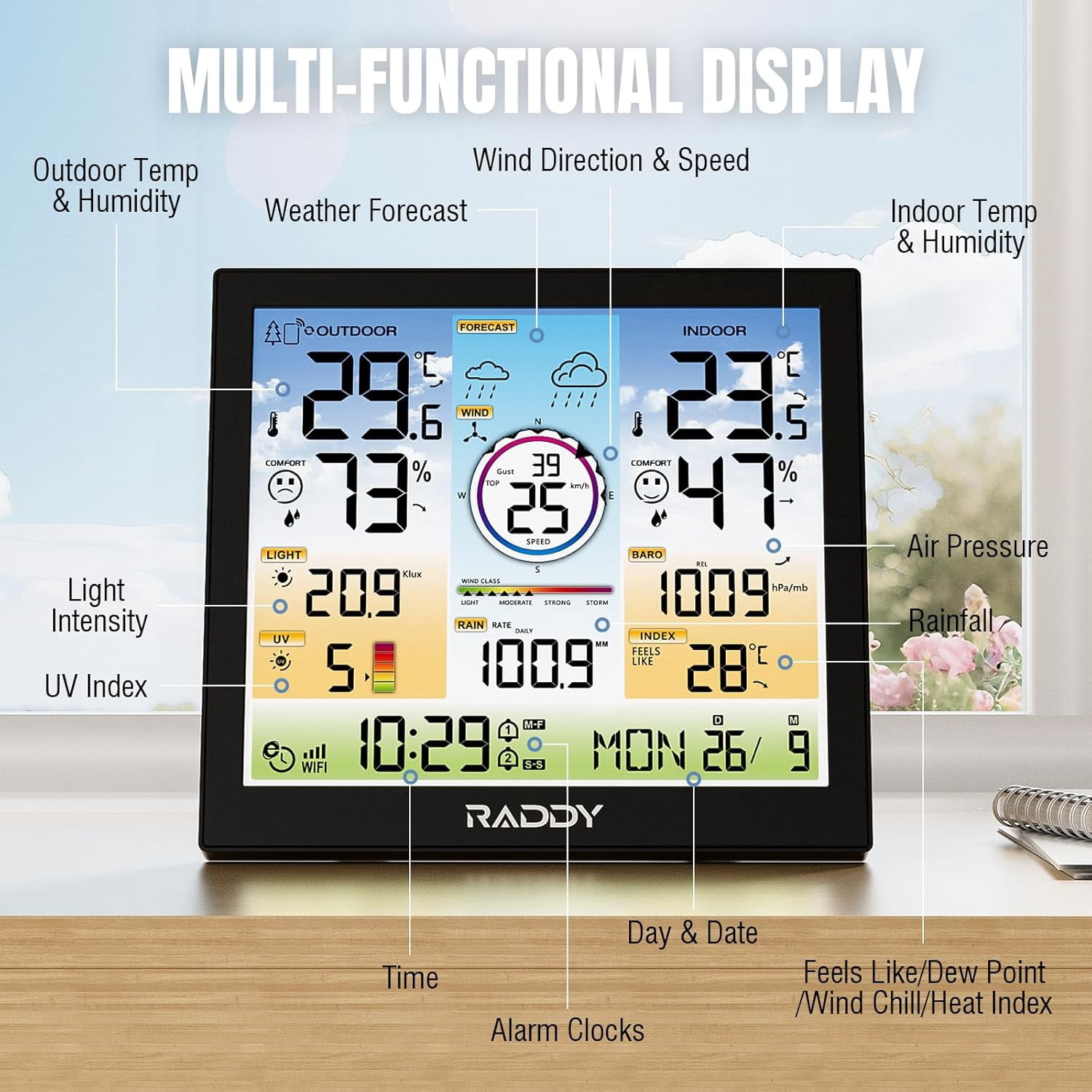 Raddy WF-120C Professional Wi-Fi Weather Station Wireless, Indoor Outdoor Temperature & Humidity Monitor with 10" Digital Color Display, Rain Gauge, Wind Speed, Weather Forecast, UV & Light Index