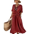 thumbnail image 2 of ClodeEU Women's V Neck Short Sleeve Twist Front Linen Blend Midi Dress,Casual A-Line Flare Sundress Red,Women's Plus L, 2 of 5