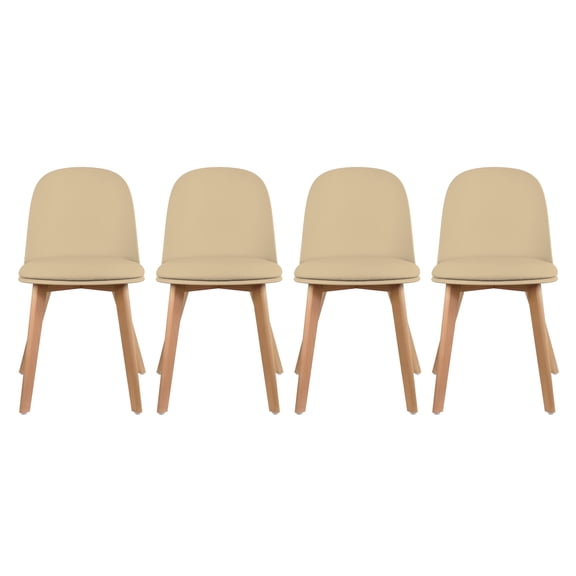 Set of 4 Armless Plastic Dining Chair Wood Legs for Dining Room Faux Leather Molded Seat With Cushion, Beige