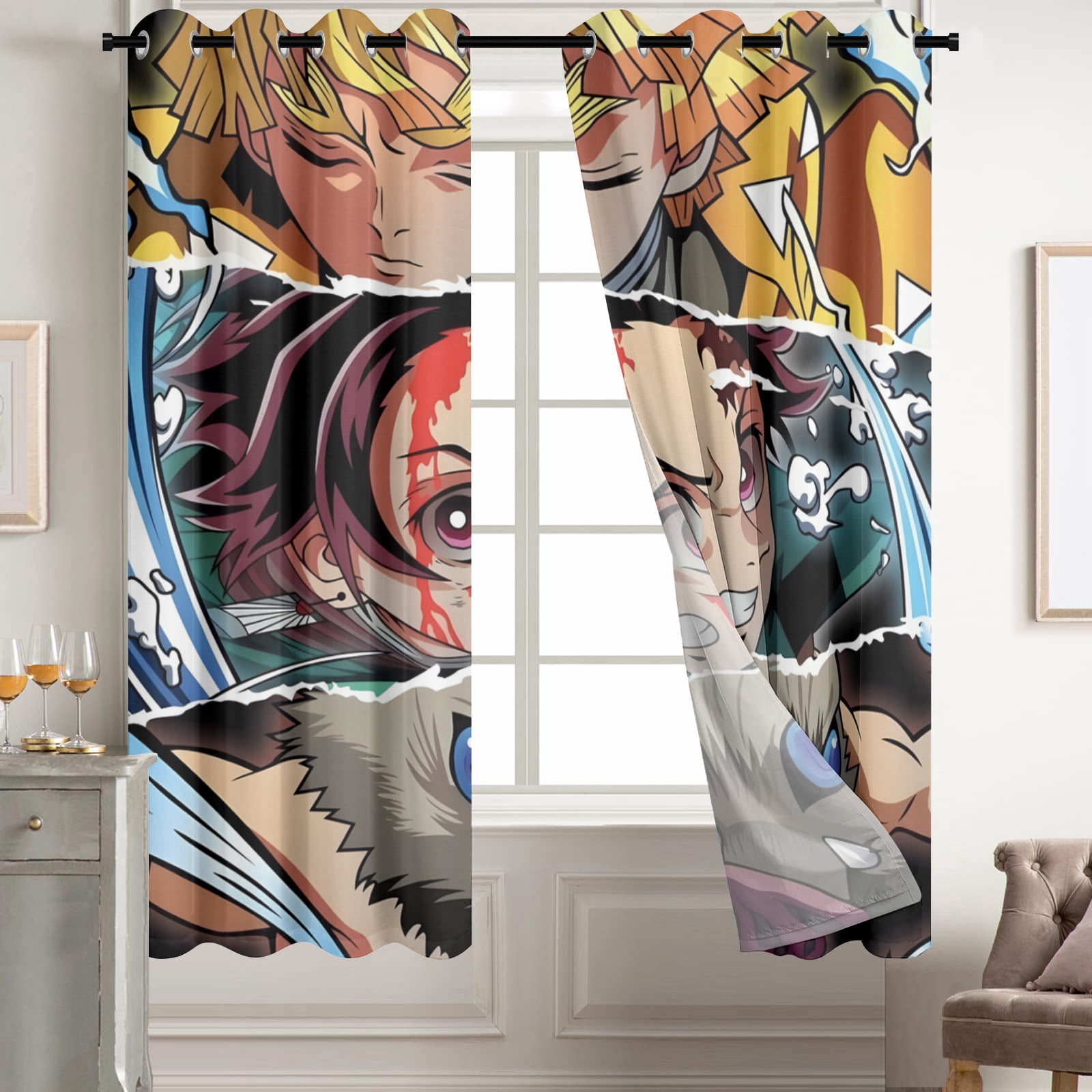 Anime Curtains for Bedroom Drapes Slayer Tanjirou Inosuke Kyoujurou Print Design Window Treatments Curtain Panel Set, 2-Panels, 55" W x 63" L