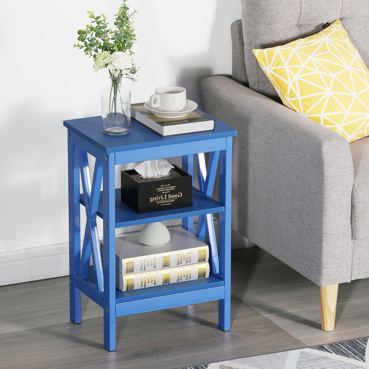 VECELO Set of 2 Nightstand with 3-Tier Shelves, X-Shaped Sofa Side End Table for Bedroom/Living Room/Office, Dark Blue
