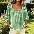 thumbnail image 2 of Plus Size Women's Loose Fit French Collar Plaid Long Sleeve Shirts Blouse Comfy Breathable Cute Trendy Outfits Casual Daily Wear Summer Vacation | CSEONE,Green 2XL, 2 of 6
