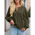 thumbnail image 6 of Women'S Button Crew Neck Sweater Fall Long Sleeve Henley Shirts Trendy Loose Knit Pullover Tops Army Green M, 6 of 8