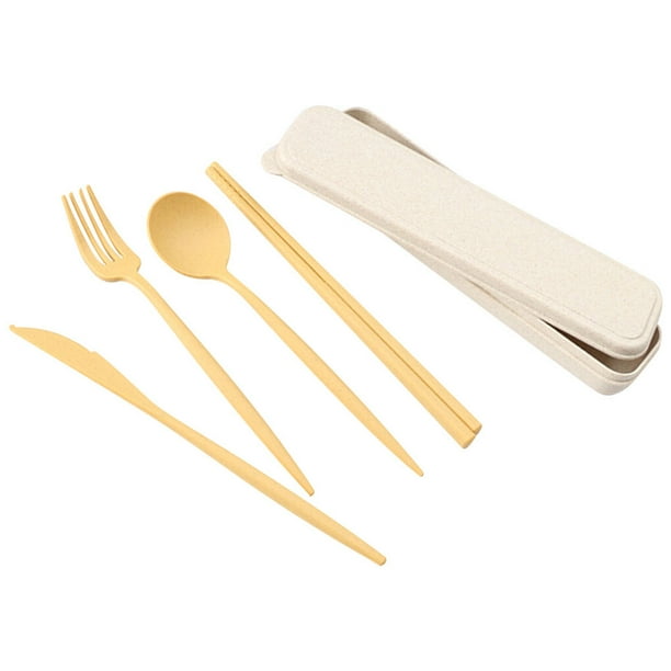 Matsuzay 4 unids/set juego de cubiertos de creatividad tenedor de paja de trigo palillos cuchara portátil reutilizable juego de vajilla con Mostrada amarillo