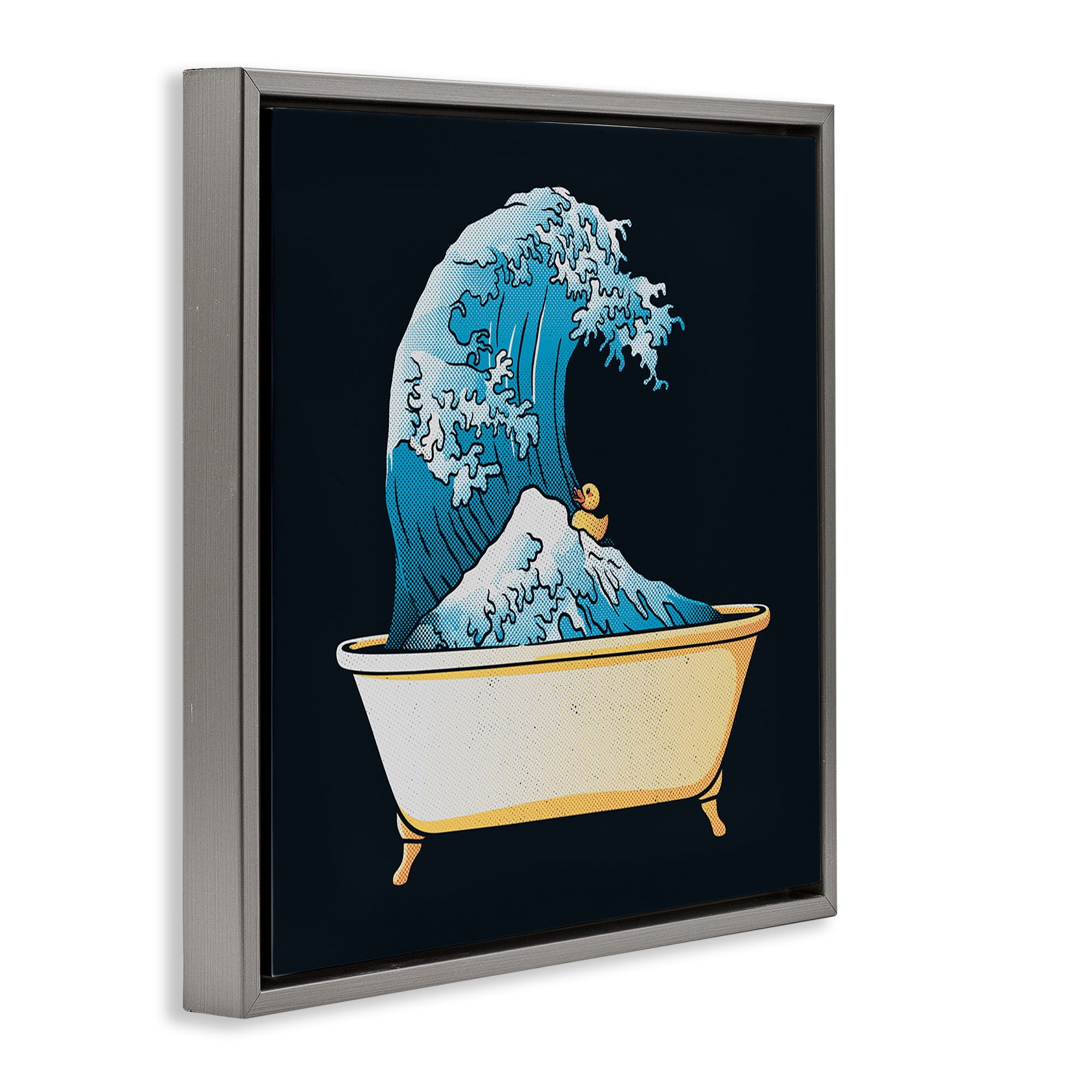 Stupell Industries Bathtub with Kanagawa Wave Gray Framed Floater Canvas Wall Art, design by Tobe Fonseca